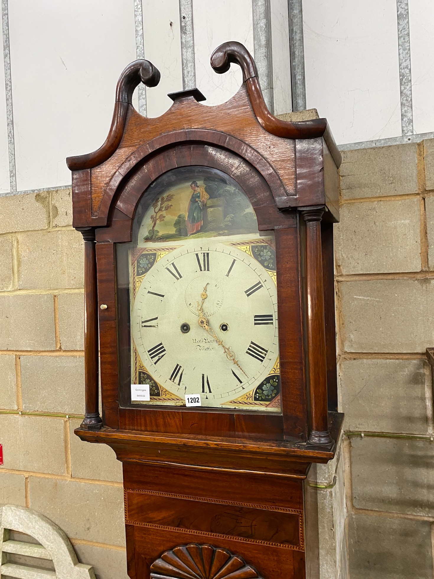 An early 19th century mahogany banded oak 8 day longcase clock with painted dial, height 229cm